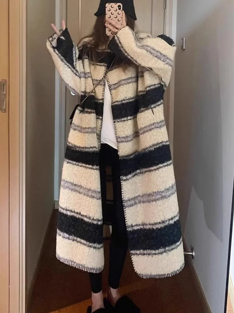 

ROUJE KEFSS Vintage Soft Long Striped Knitted Sweater Coat Women's Fluffy Loose Fit Cardigan Sweet Sle Autumn Winter Outerwear