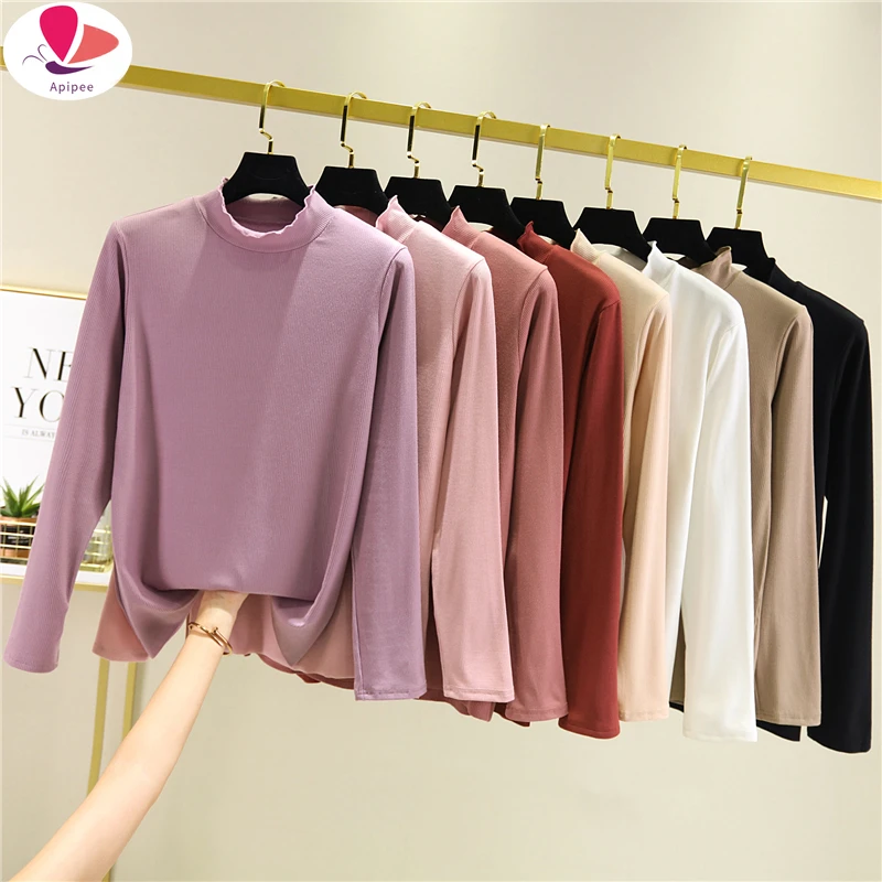 Women's Autumn Winter  Velvet Shirt Thick Clothes Half-Collar Long Sleeves  Solid Color Slim T Shirt T-shirts Tees