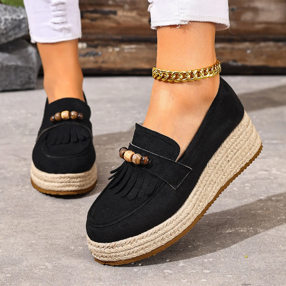 

Bohemia Colorful Bead Decoration Loafer Shoes Women Autumn Comfort Hemp Wedge Heel Pumps Fashion Tassels Suede Slip On Shoes