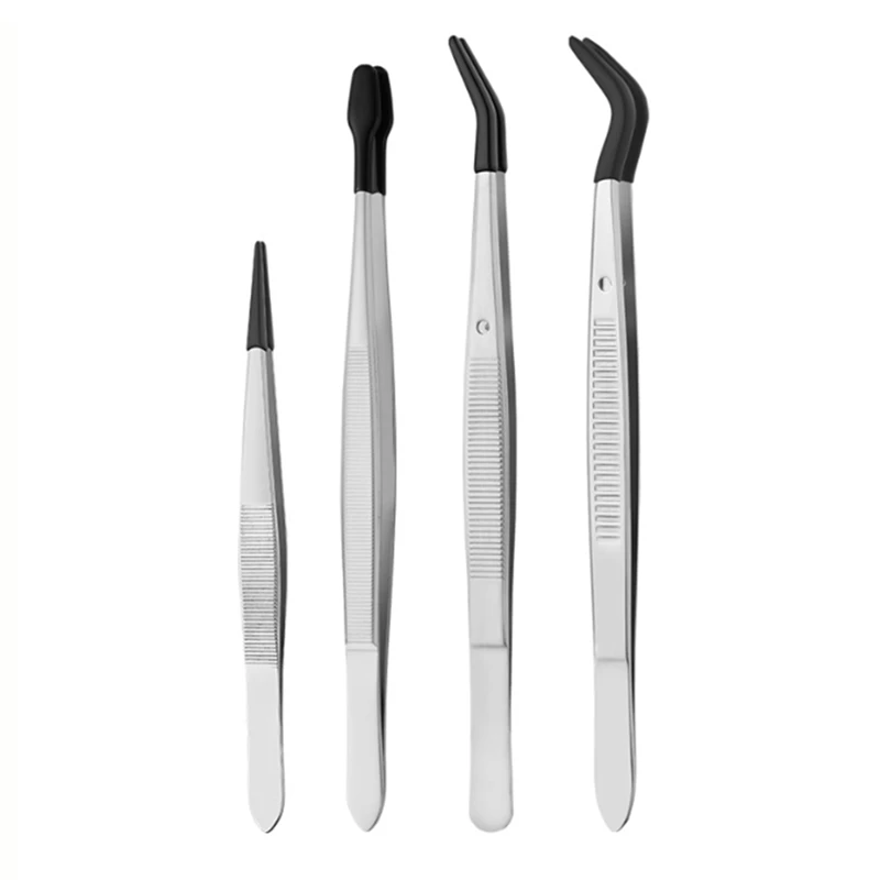 4Pieces Tweezers With Rubber Tips Tweezers PVC Coated Tweezers Set, Rubber Straight/Flat Tip Tweezer Bent Tweezers