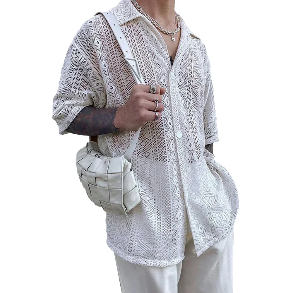 

Collar Shirts Mens Shirt Daily Holiday See Through Shirt Shirts Comfortable Lace Mesh Middle Sleeve Transparent