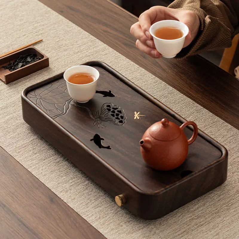 Bandeja de madera de nogal para servir té, bandeja rectangular negra para el hogar, formas modernas para la sala de estar, bandeja imperial antigua, accesorios para té