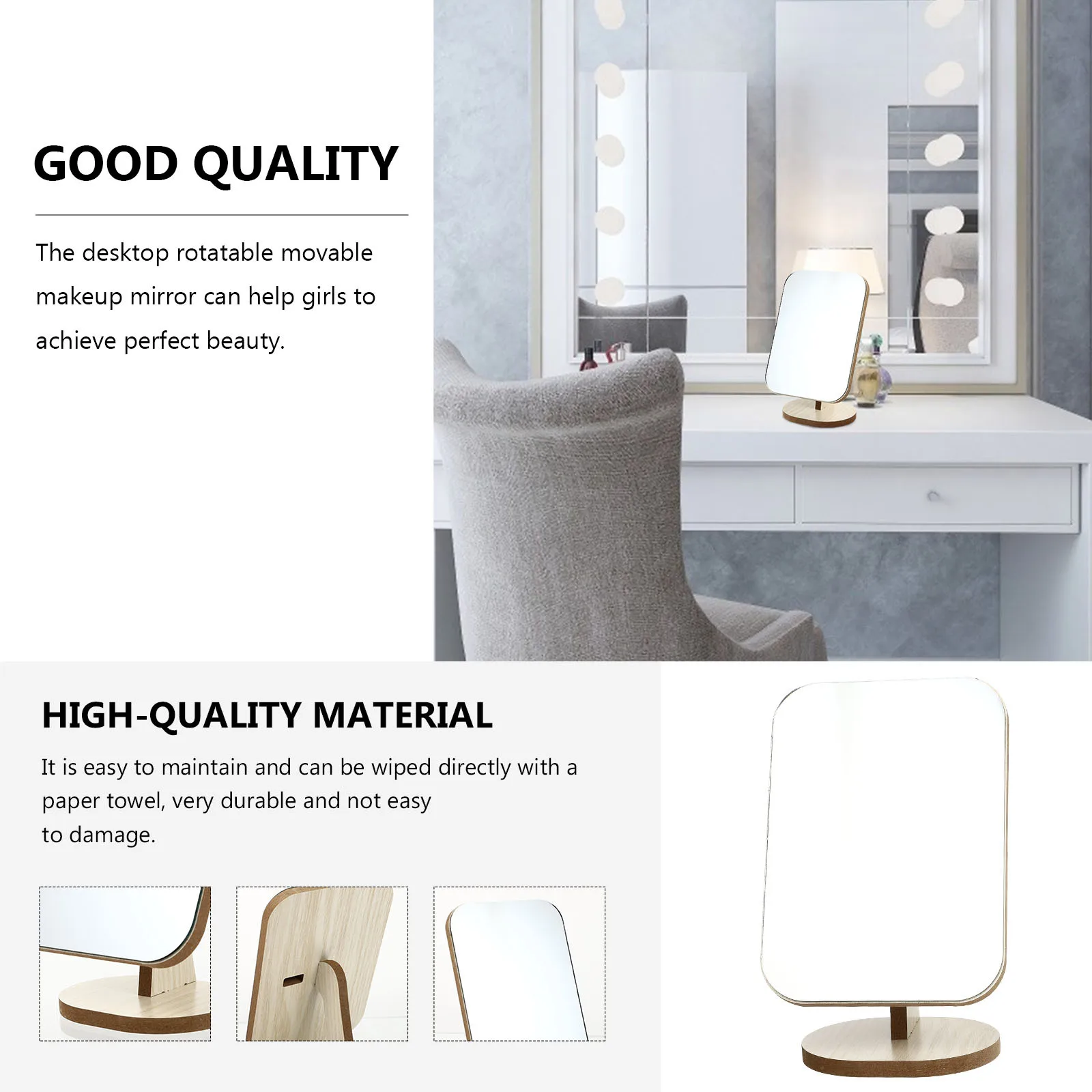 

1Pcs Wooden Rotatable Makeup Mirror Tabletop Portable Movable Mirror High Definition Durable Perfect for Vanity