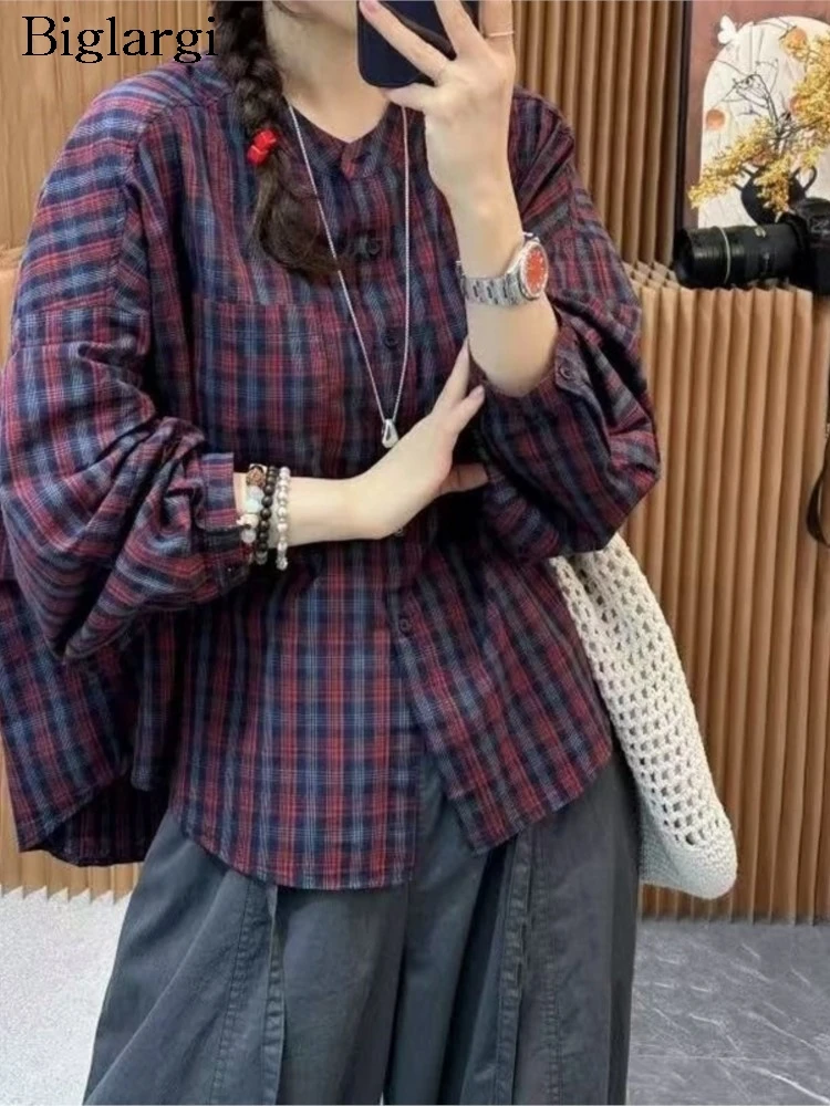 

Oversized Autumn Shirts Women Plaid Print Fashion Casual Ladies Cropped Blouses Loose Woman Shirts Tops