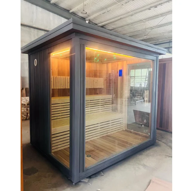 High Quality Outdoor Modern Home Sauna Red Cedar Cube Transom Windows Far Infrared Hemlock Outdoor Modern Home Sauna