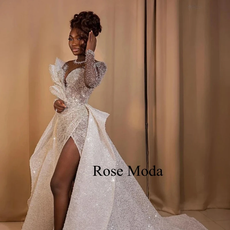 Rose Moda Long Sleeves High Slit Crystal Lace Wedding Dress with Removable Skirt Real Photos Custom Make