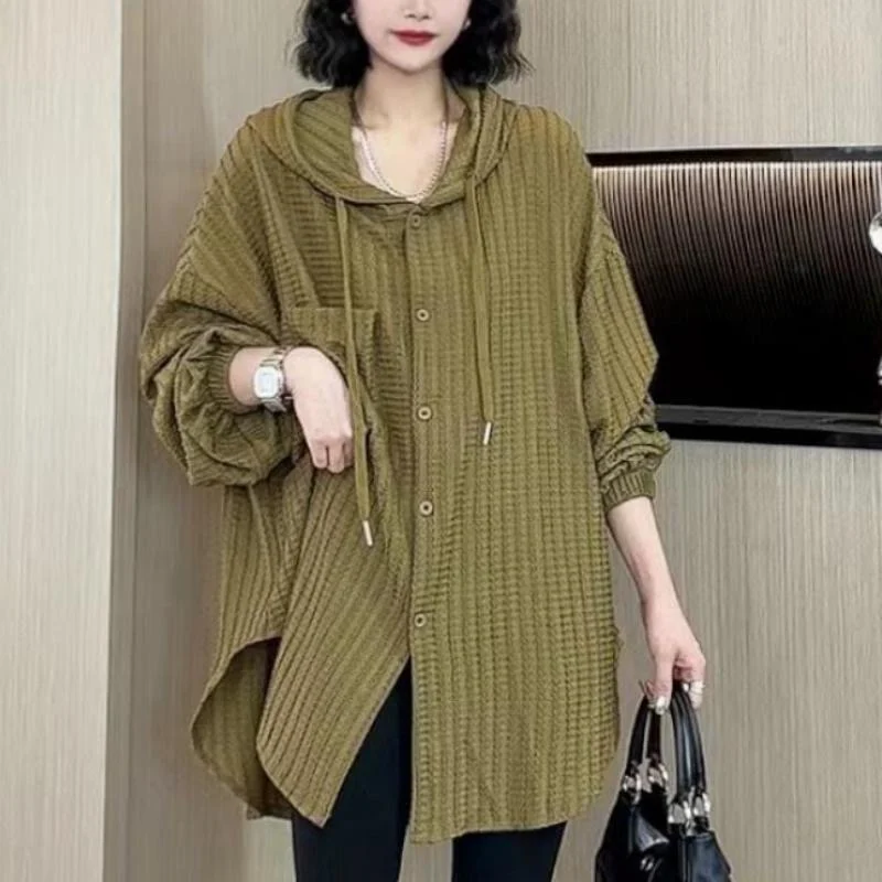 Women's Summer plus Size 200 Pounds Hooded Open Cardigan Sun Protection Clothing Casual Slimming Age-Defying Meat-Covering Ou...