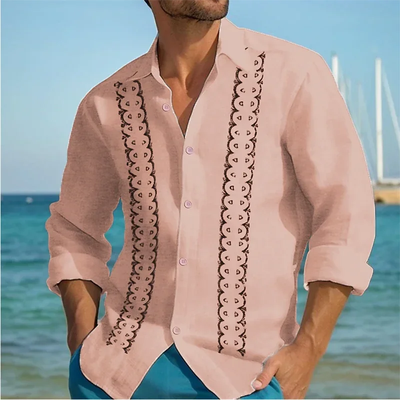 Chemises en lin décontractées à manches longues pour hommes, tenues de vacances hawaïennes à revers rayé, vêtements confortables, Y-