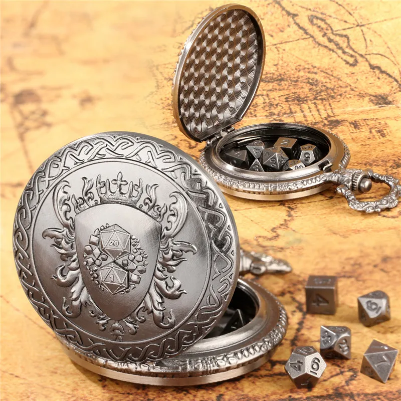 Bronze D20 and D1 Shield Pocket Watch Case with FOB Chain 7 Metal Polyhedral Tiny Dice Set for Tabletop RPG Dice Accessories