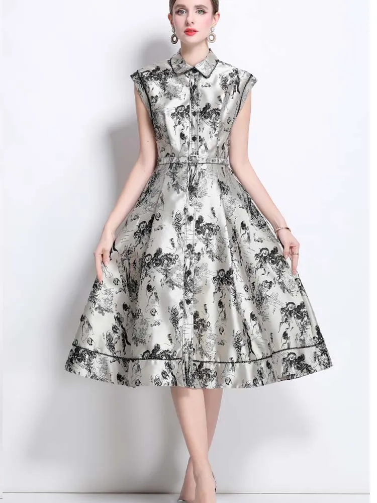 

Elegant Printed Doll Neck Short Sleeved Slim Fit Dress 2025 New Fashionable Women'S Clothing