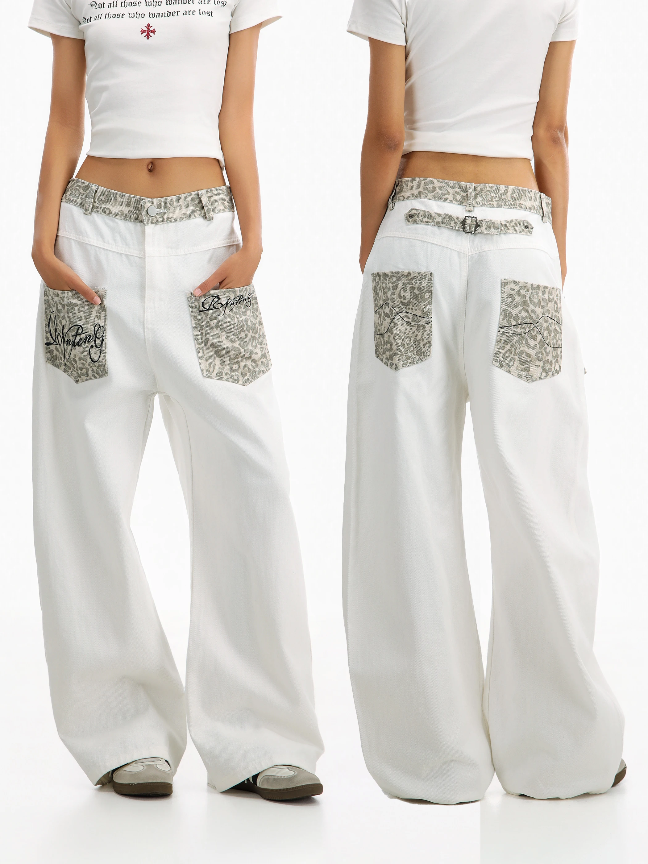 

Summer Street Dance Women's White Leopard Print Jeans Casual Patchwork Design Comfortable Breathable Lightweight Loose Fit