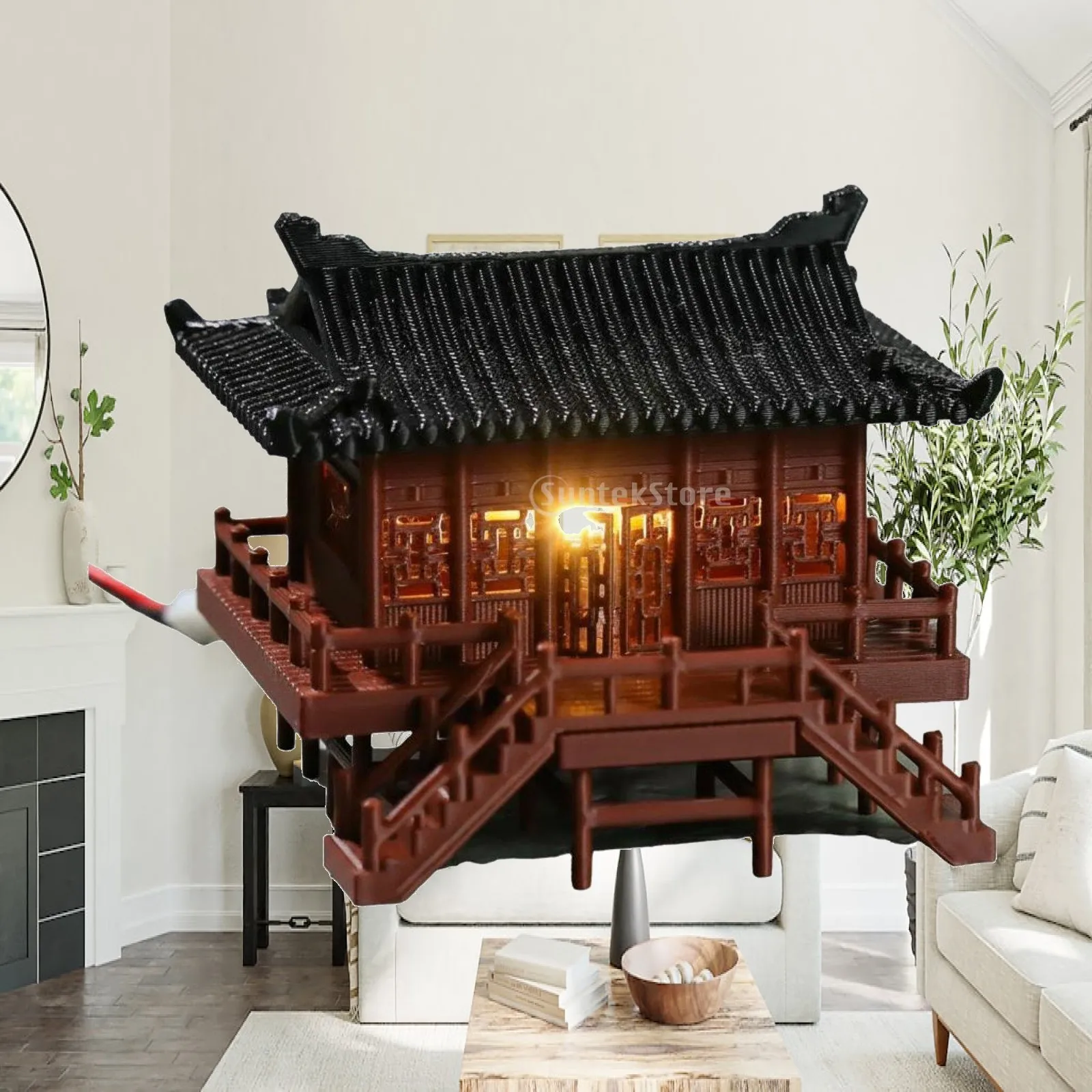 Miniature Chinese Pagoda Resin Waterproof with LED Light Bonsai Pavilion for Zen Garden Aquarium Terrarium Desktop Bonsai Decor