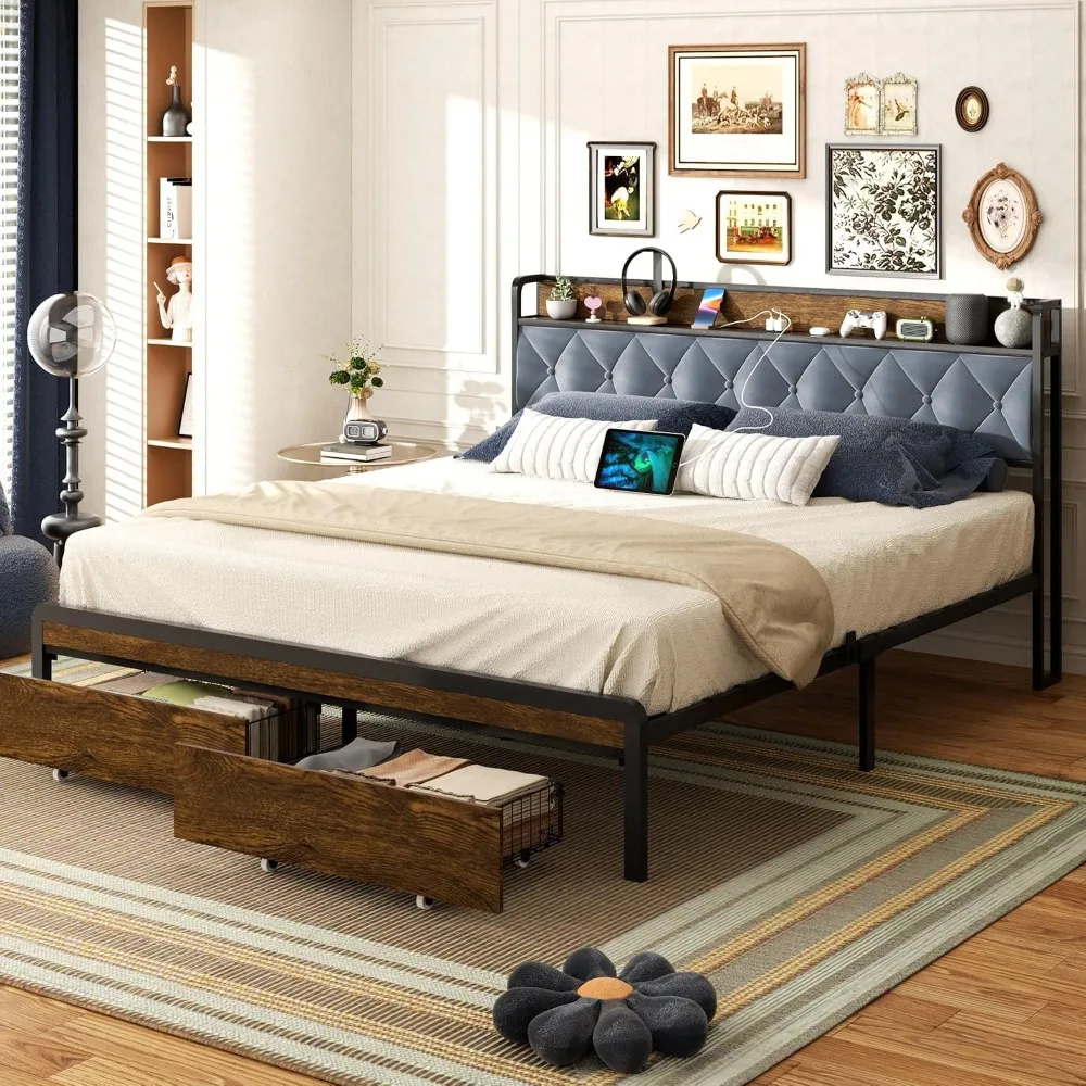 Queen Size Metal Platform Bed Frame with 2 Storage Drawers & LED Light, Upholstered Headboard with Charging, Customized