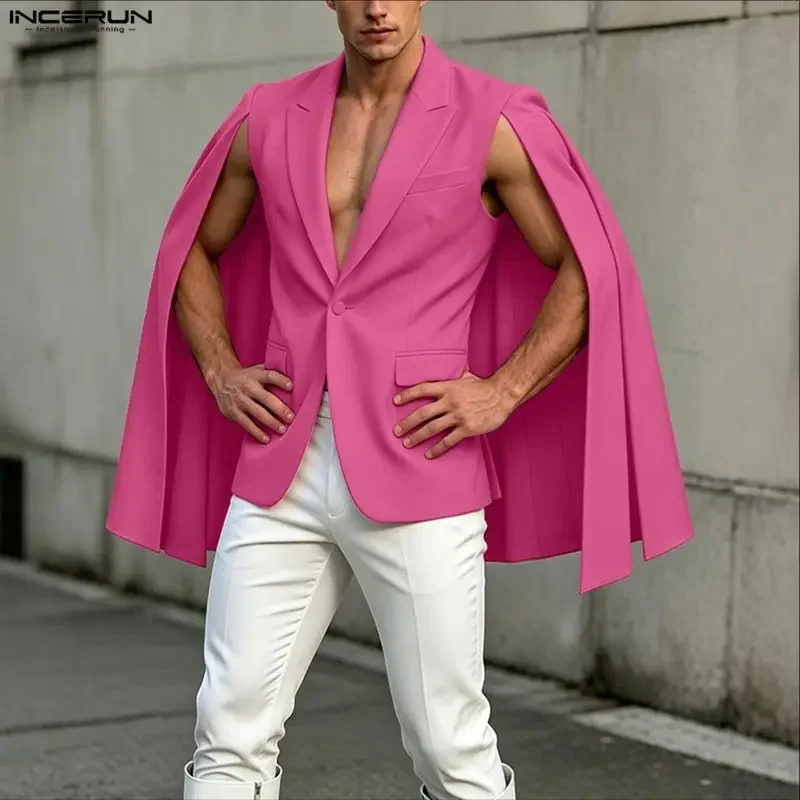 INCERUN Men's Irregular Blazer Solid Color Cloak Cape Lapel One Button Casual Male Suit Streetwear 2026 Fashion Ponchos For Man