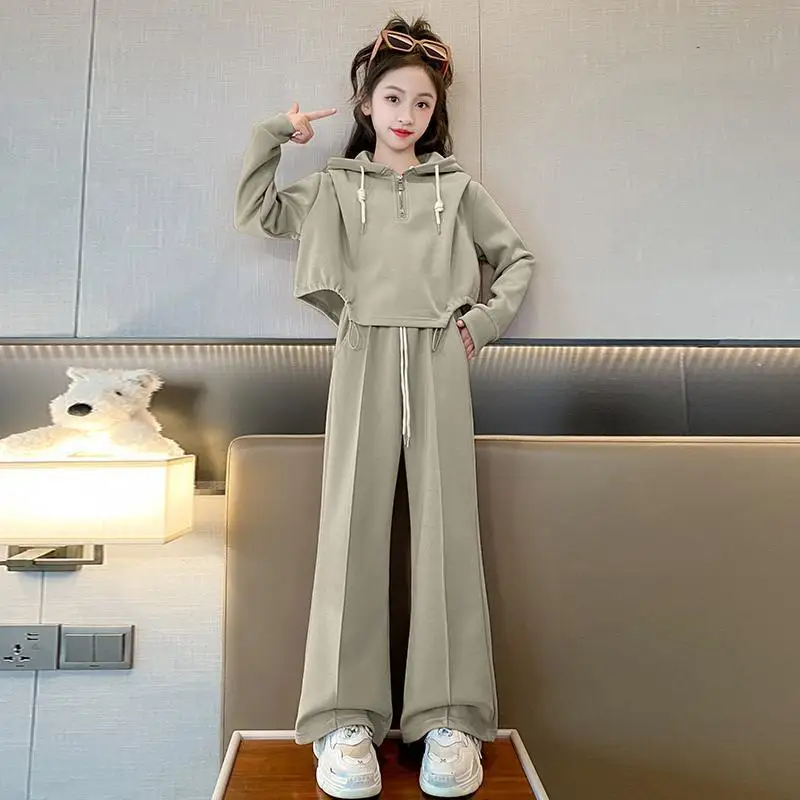 

Spring/Autumn Teens Clothes Children Set Batwing Crop Top Sweatshirt Booded Jacket + Straight Pant Suit Korea Tracksuit 4-14Year