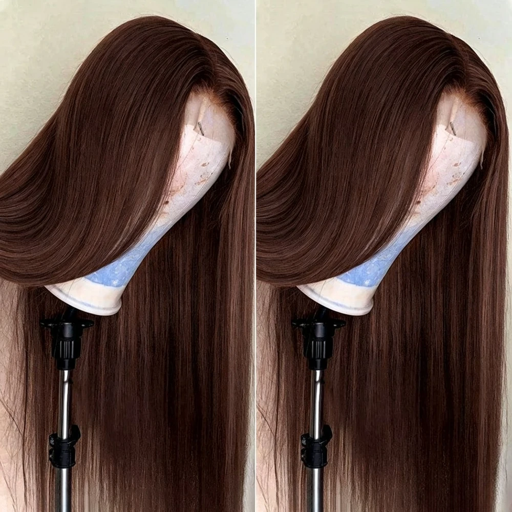 #4 Chocolate Brown Bone Straight Brazilian Human Hair Lace Front Wig 46 Inch 200% Density 13x4 13x6 HD Transparent Lace Frontal Wig Pre Plucked With Baby Hair Natural Hairline Wigs For Women