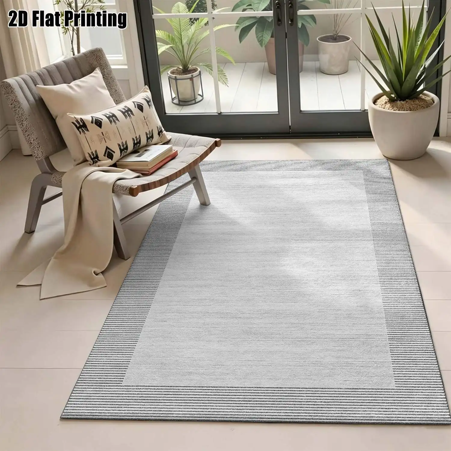 1Pc 2D Printed Carpet, Gray White Geometric Striped, Nordic Modern Minimalist Home Decor Rug, Multi-Size, Machine Washable, for Entrance, Dining, Foyer, Bedroom, Living Room