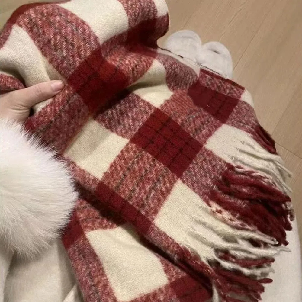 

Elegant Mohair Plaid Wool Scarf Tassel Winter Cashmere Scarves Korean Style Thicken Long Shawl Girl
