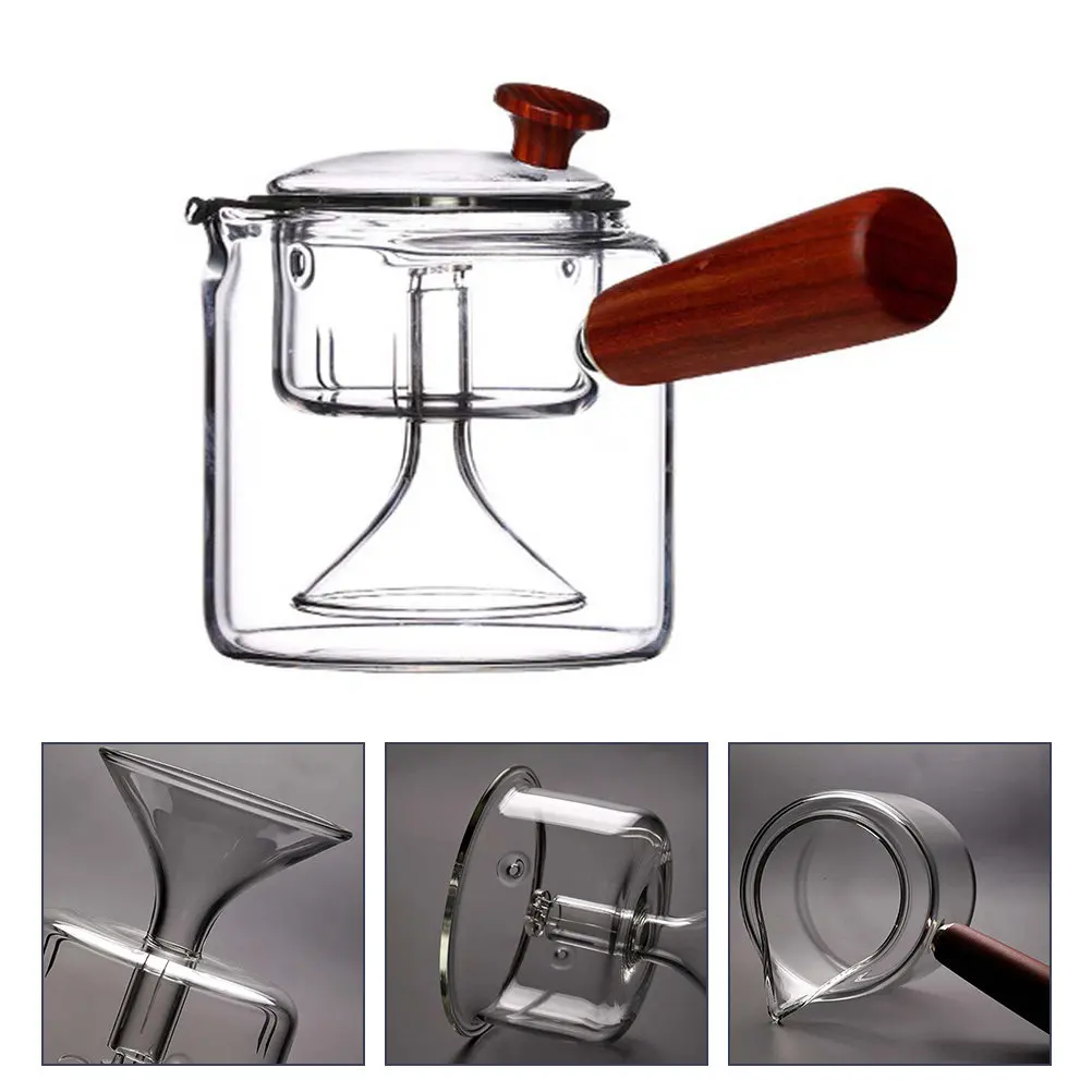 

1 шт. Прозрачный стеклянный чайник 410 мл, термостойкий, с деревянной ручкой, портативный, для дома, офиса, ресторана