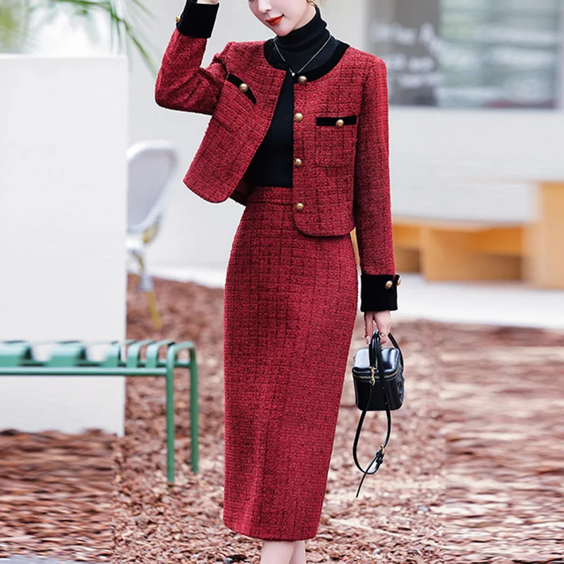 ZJYT Autumn Winter Elegant Women Tweed Woolen Jacket Suit with Skirt 2 Piece Set Vintage Outfit Office Lady Party Dress Sets Red