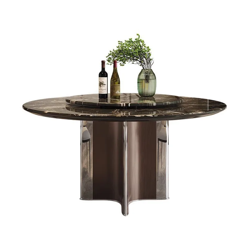 Italian light luxury dining table household marble round table with turntable table Italian minimalist