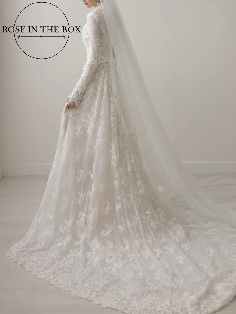 ROSEINTHEBOX Saudi Arabia Luxury Long Sleeve Wedding Dress 2025 Lace Appliques High Neck A-line Chapel Train brides dress