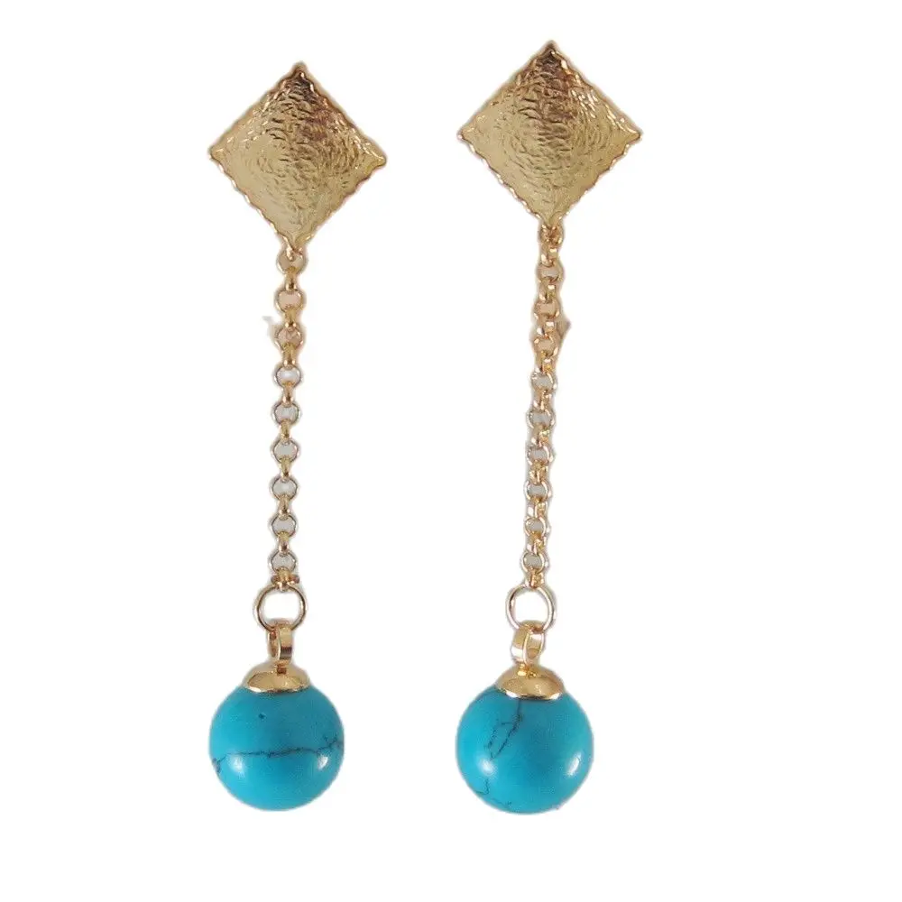 DANGLE 2.09INCH YELLOW GOLD COLOR OVERLAY FILLED BRASS BALL BLUE STONE DANGLER EARRING GREAT GIFT