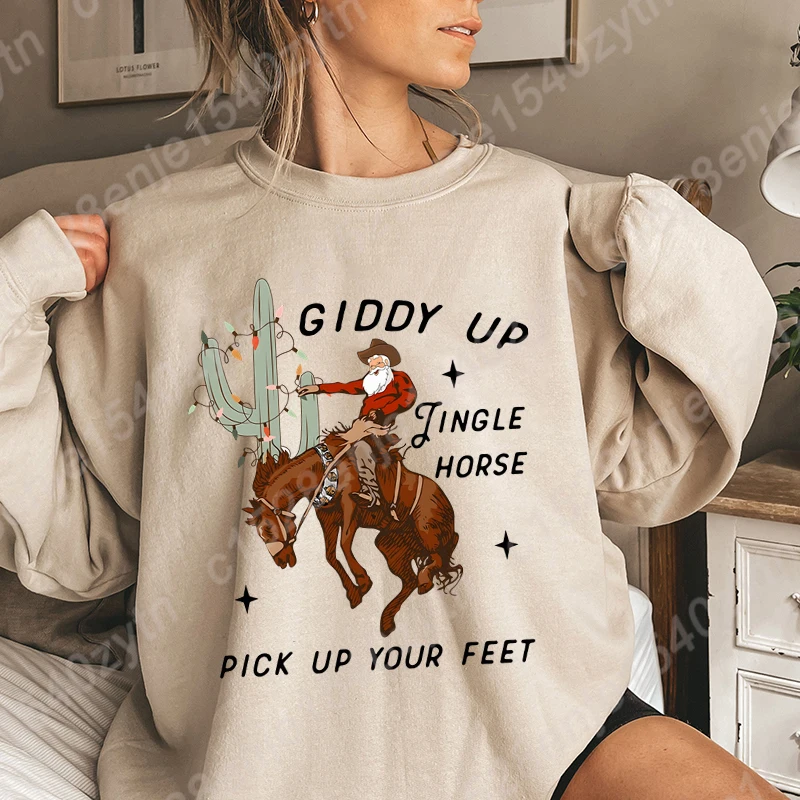 Cowboy Christmas Sweatshirt For Women, Giddy Up Jingle Horse Pick Up Your Feet Sweatshirts, Crew Neck Long Sleeves Pullovers