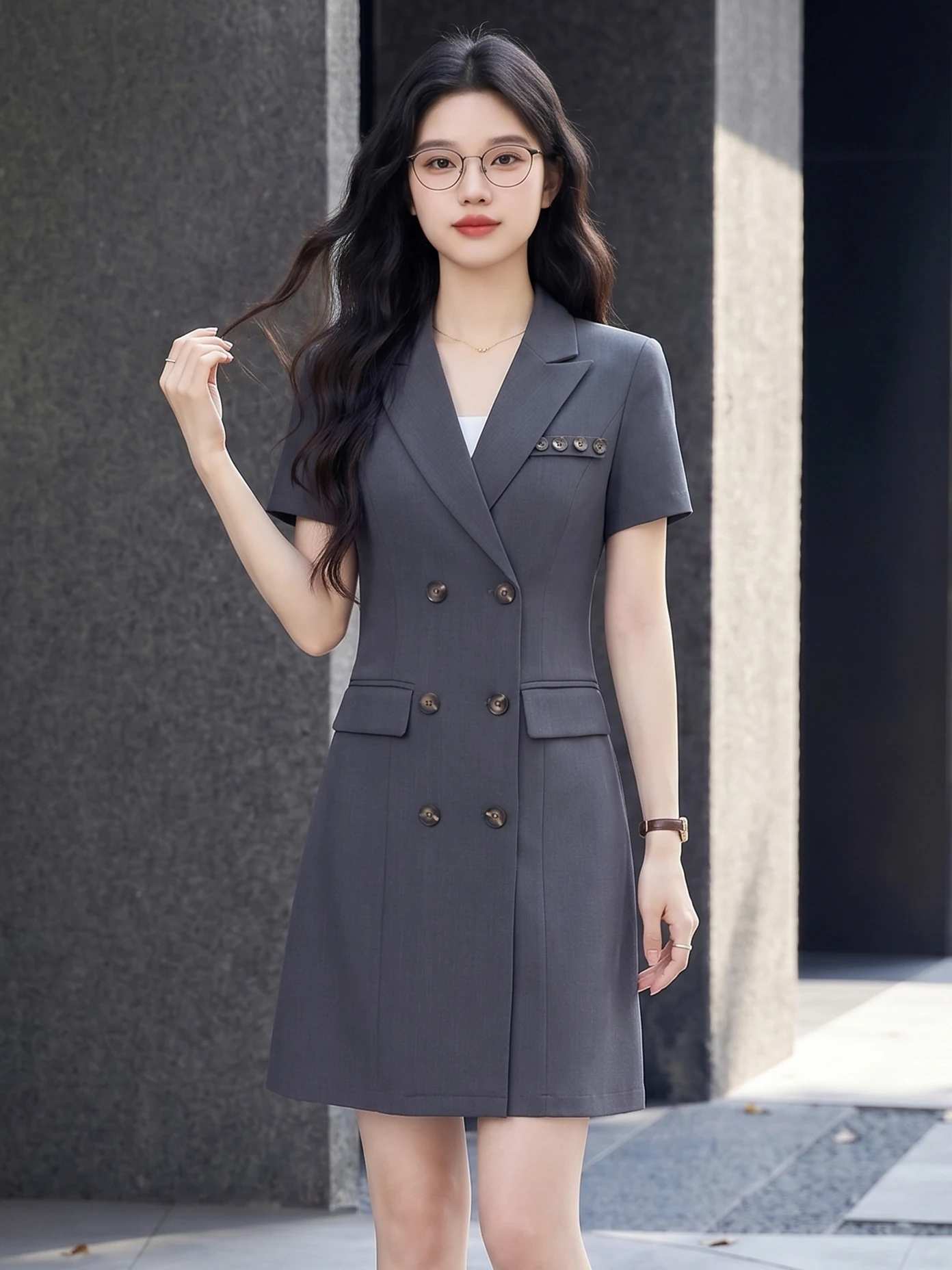 

Gray Short Sleeve Suit Dress Women's Commute Waist-Cinching Workwear Professional Skirt Elegant Business Polyester Blend