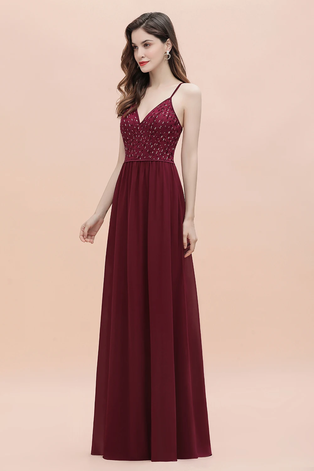 MisShow Burgundy Sequined Evening Dresses for Women Sexy V Neck Spaghetti Straps Wedding Party Evening Prom Fowns Robe De Soiree