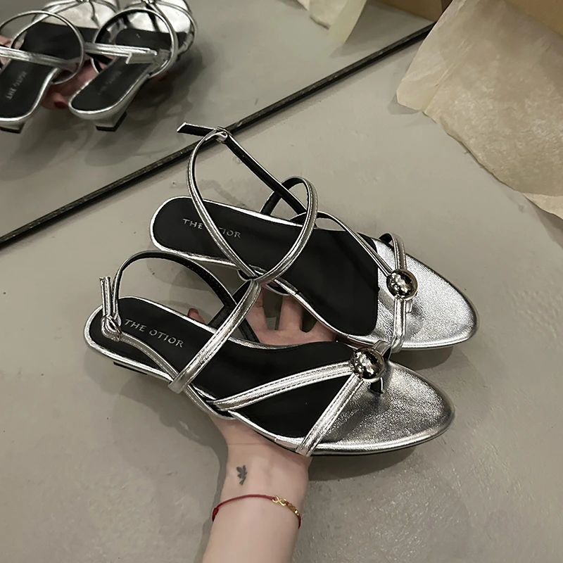 

French-style Flat Sandals with Rhinestone Thin Straps and Toe Loop for Women, 2026 New Summer Fairy-style Roman Shoes