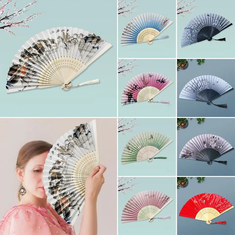 Outdoor Silk Vintage Folding Fan Colorful Bamboo Hand Fan Hand Fan Tassel Elegent Shank Classical Dance Fan Female