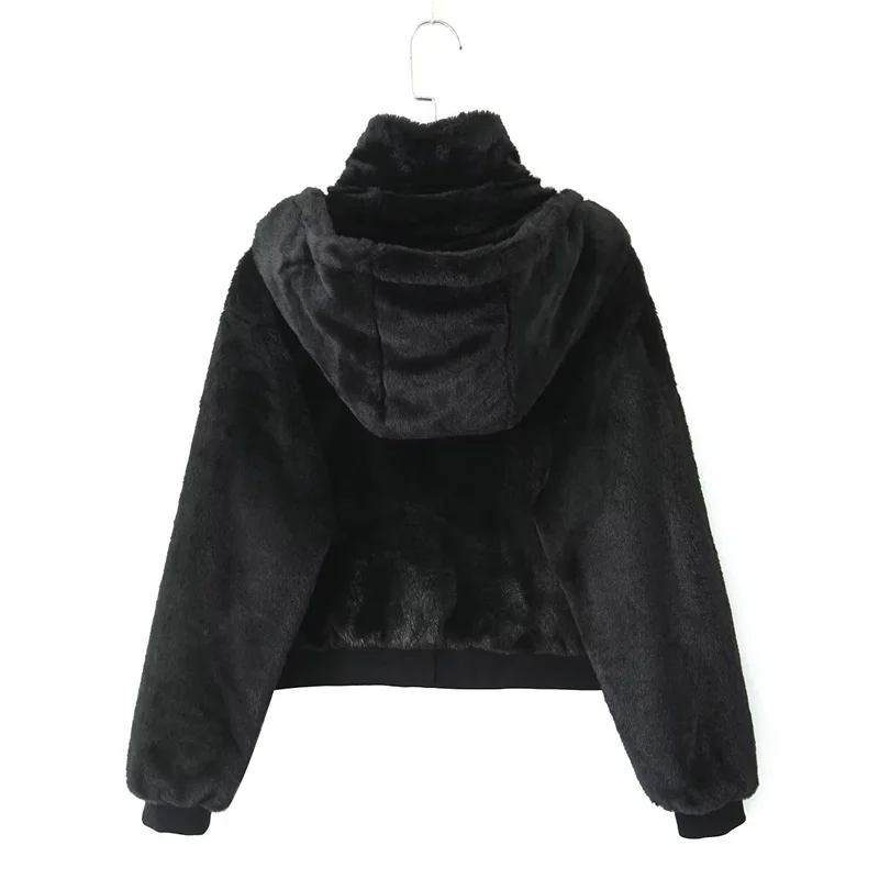 KEYANKETIAN 2024 Winter New Women's Black Faux Fur Hooded Coat Simple style Screw Thread Patchwork Zipper Loose Blazer Greatcoat