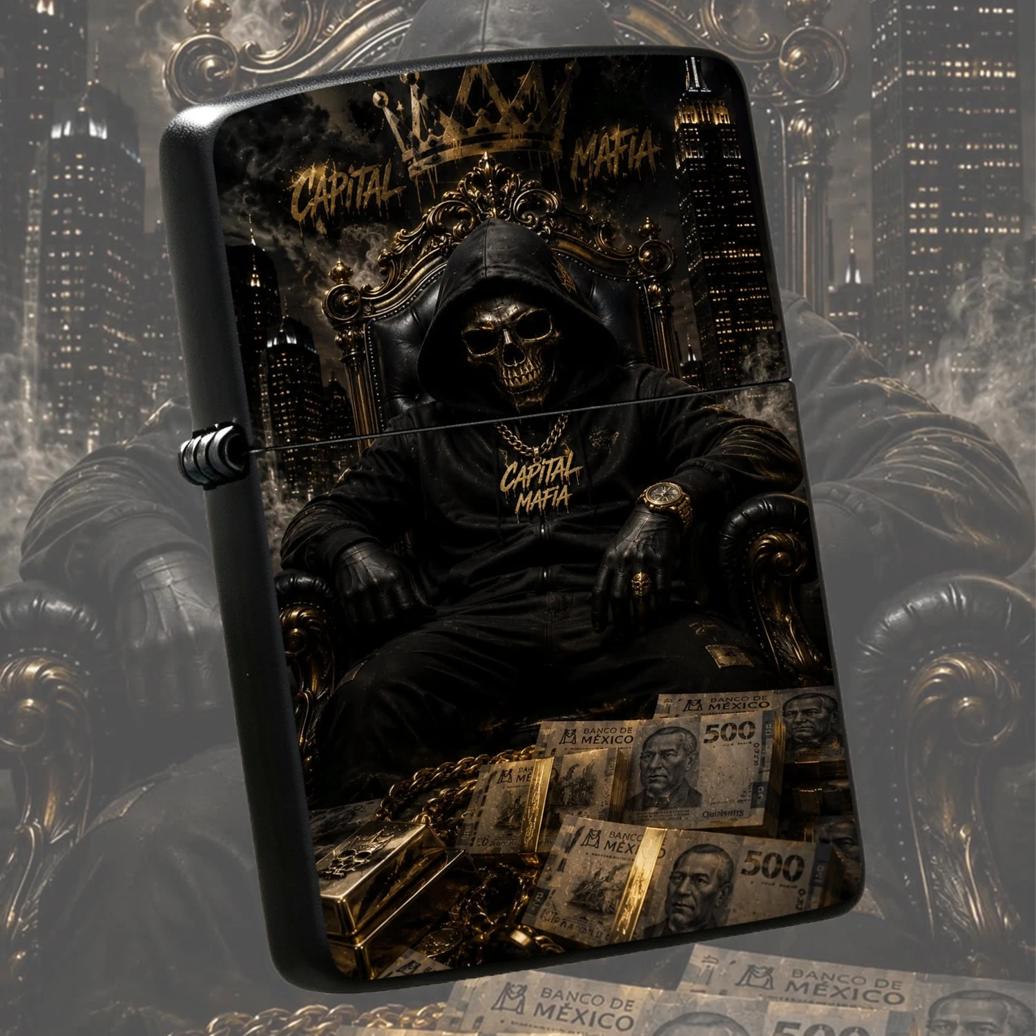 Trendy BLACK Gold Capital Skull Throne Themed, Cool Dark City Stylish PORTABLE Windproof, Collectible Gift Trendy  Igniter , Mexican Banknote Gold Street Style Exclusive for Men A fun and humorous lighter