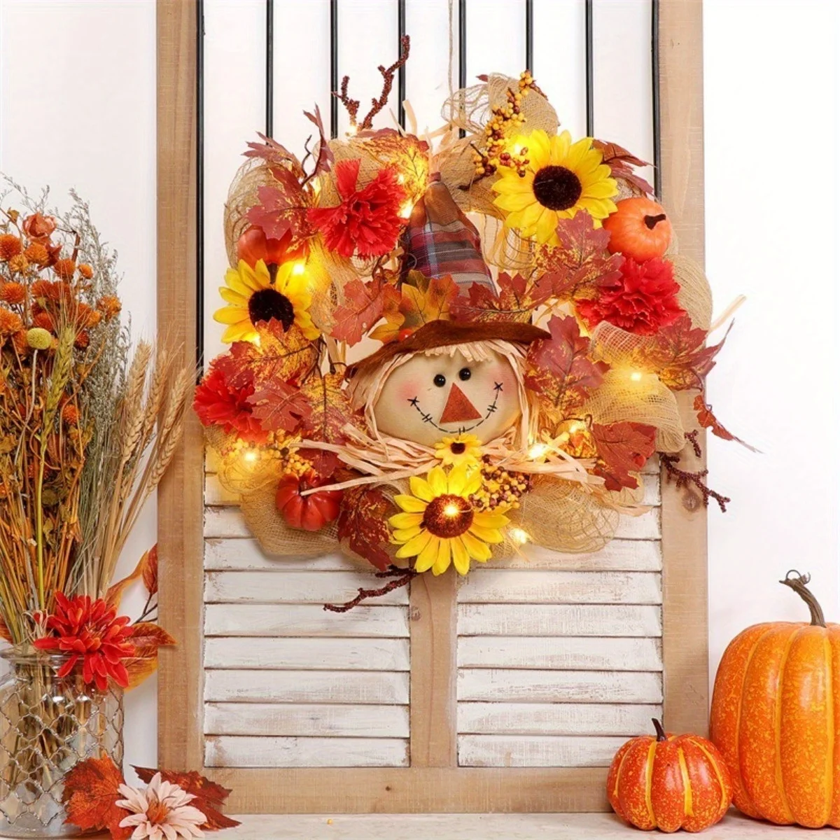 

Fall Wreath with Scarecrow Turkey, 17 Inch Autumn Harvest Thanksgiving Wreath Artificial Sunflowers Maple Leaves Berries