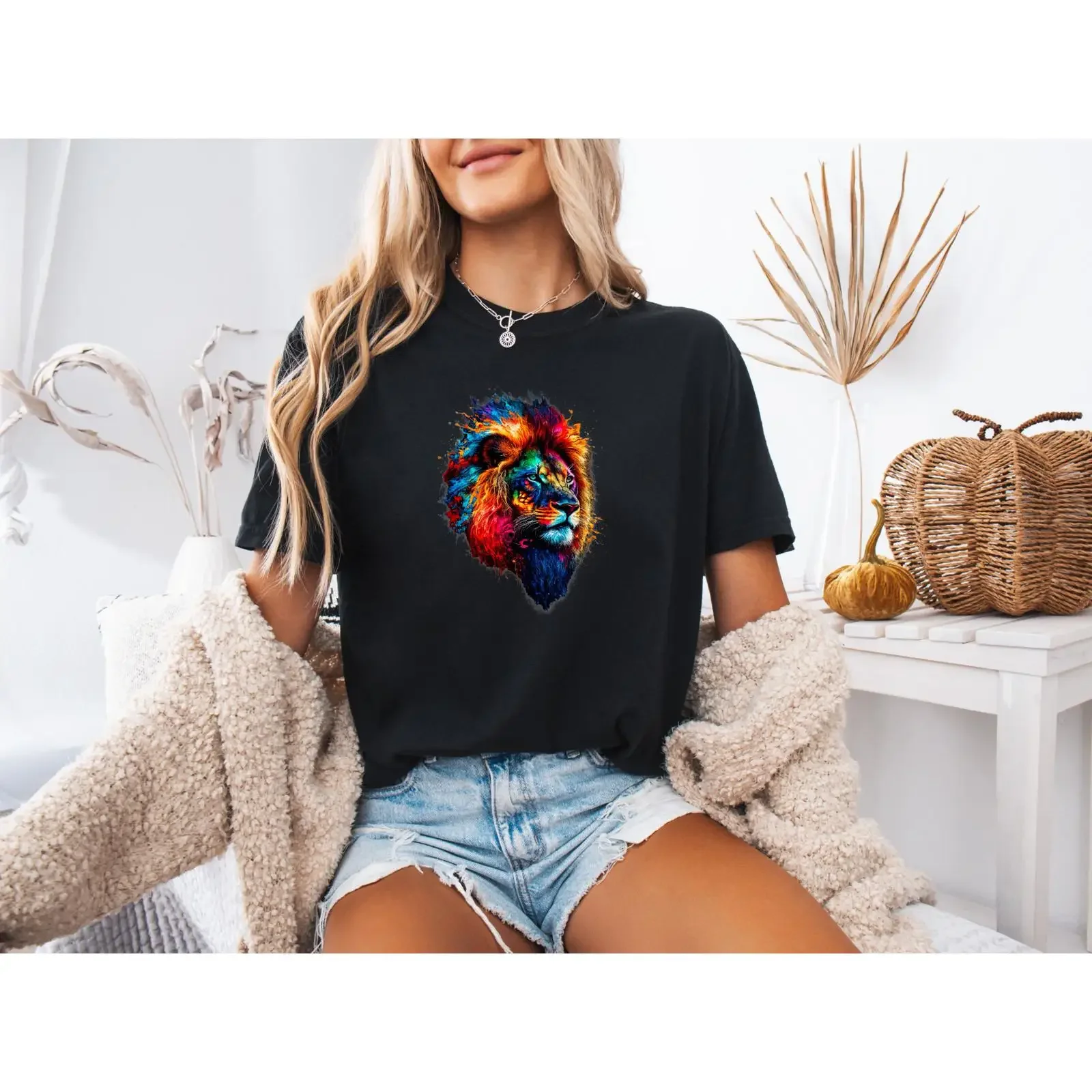 Multicoloured Lion Head T Shirt Vibrant  vintage Washed Versatile Casual Unisex graphic Comfortable Stretched fashion Stylish