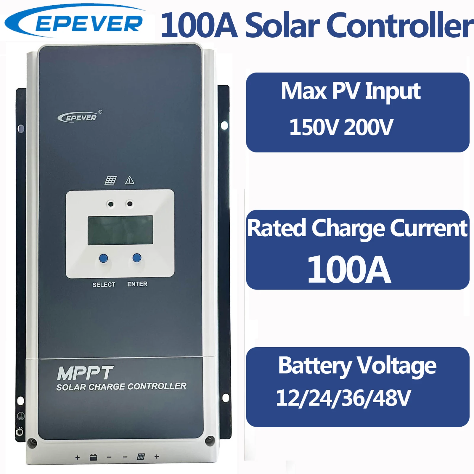 EPEVER-Contrôleur de Charge MPPT pour Panneaux Solaires, 100A, Entrée Max Longue, 200V, 150V, Abrasif existent, 12 V, 24 V, 36 V, 48V