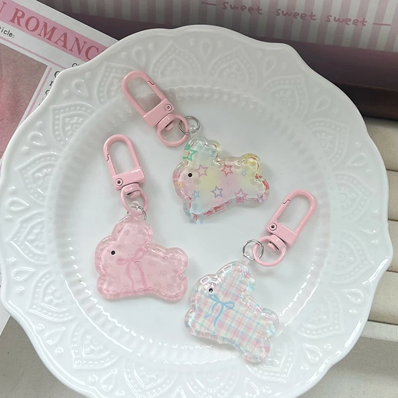 Kawaii Cartoon Rabbit Keychain Sweet Cute Pink Bunny Keyring School Bag Pendant Earphone Case Hanging Decoration Accessories