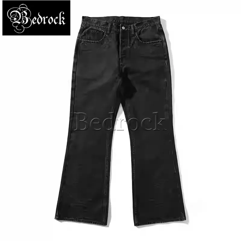 MBBCAR 14oz Men's Bell-bottoms Trousers Button Fly Black Bootcut Jeans Beaded Dot Canvas Tangle Grass Washed Flared Pants