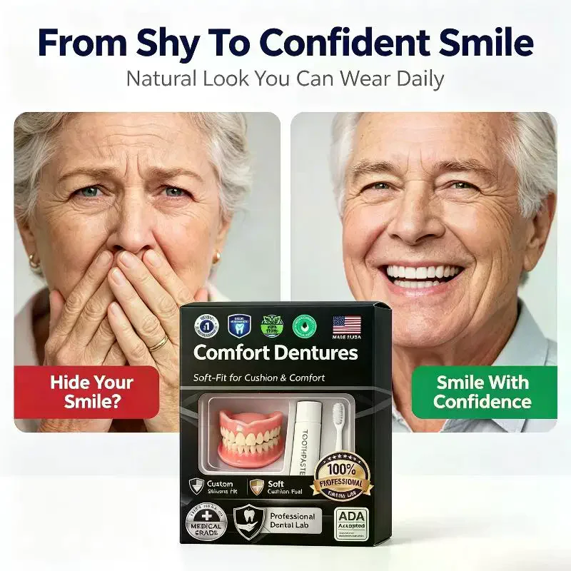 Upper & Lower Natural Ivory False Teeth Sets Moldable Silicone Denture Kit Instant Smile With Free Toothbrush & Toothpaste 1 Se