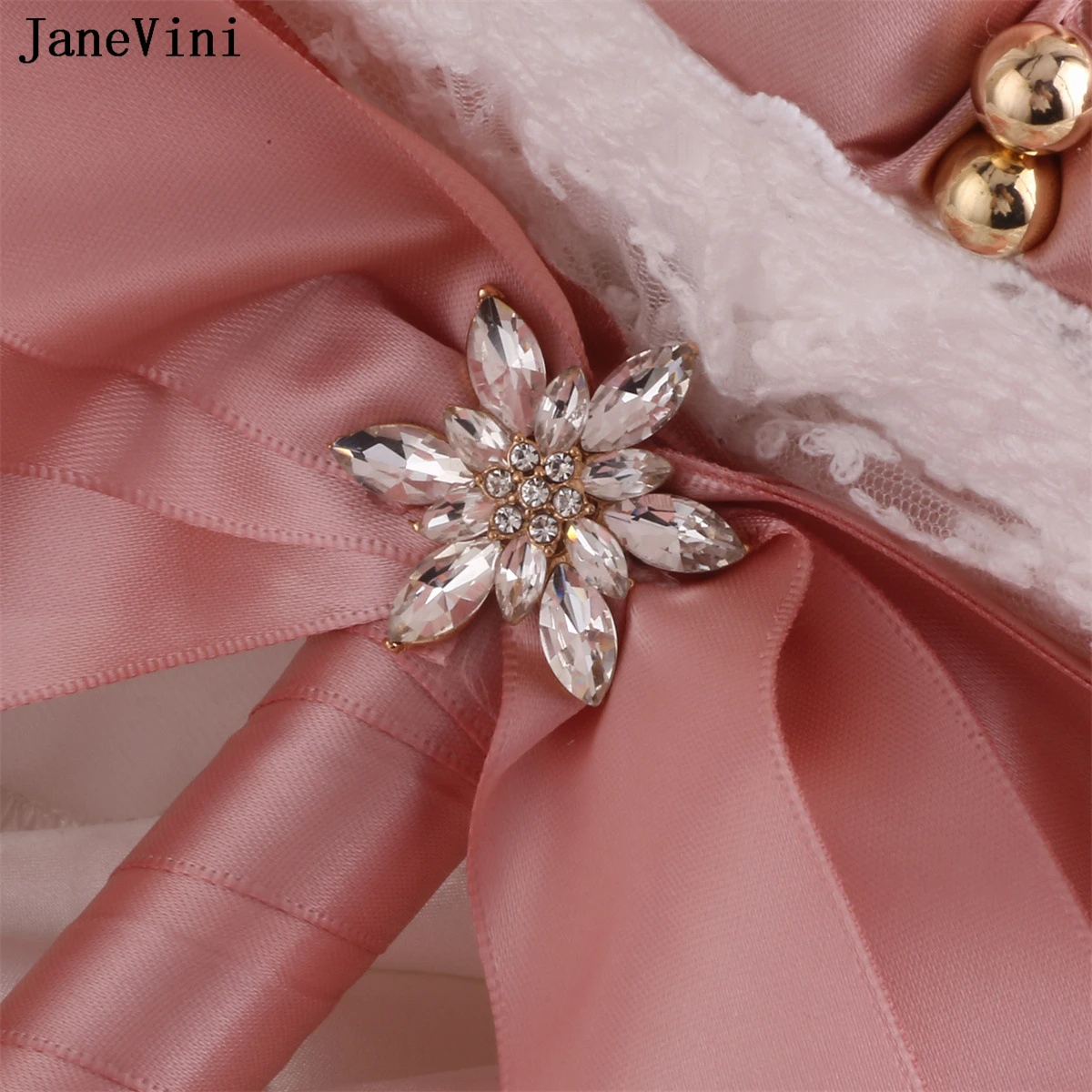 JaneVini Bling Diamond Gold Jewelry Bridal Brooch Bouquets Dusty Pink Wedding Flowers Artificial Satin Roses Bouquet Fleurs Luxe