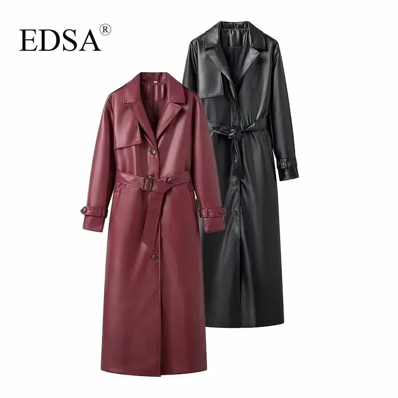 EDSA Women Luxury Faux Leather Jacket Coat with Belt for Autumn Winter Loose Long Windbreaker Trench Vintage Outerwear