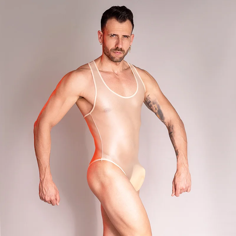 Sexy Bodysuit Oil Glossy Sheer Bodysuit Men Sleeveless See Through Jumpsuit Playsuit Male Undershirt Adult XXX Sex Porno Costume