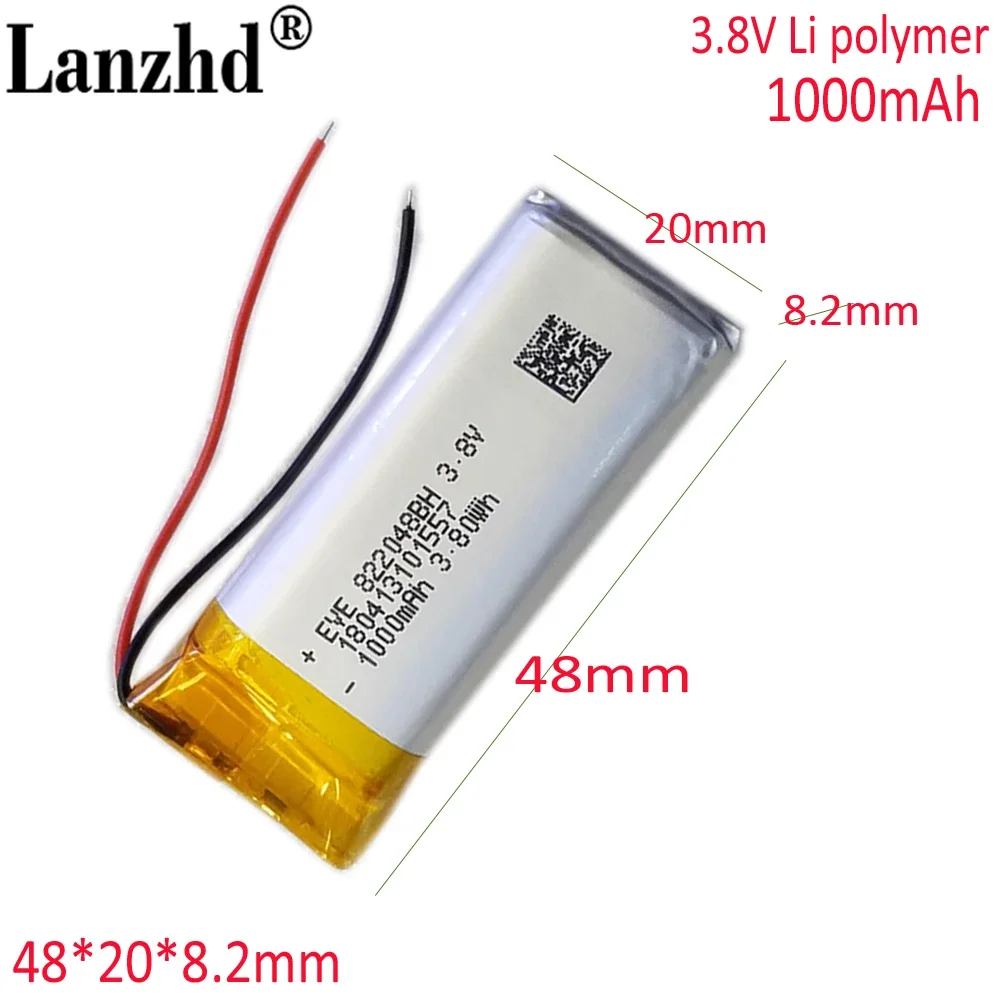 

3.7V 1000mAh Battery Lithium Polymer LiPo Rechargeable 822048 For Mp3 GPS PSP Vedio Game 8*22*48mm smart band