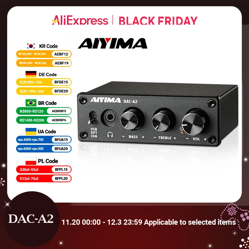 AIYIMA DAC-A2 HiFi Audio Décodeur USB Sauna Téléphone Amplificateur Coaxial Sortie Optique Stéréo Jeu Radiateur Pour Amplificateur HautréusActifs