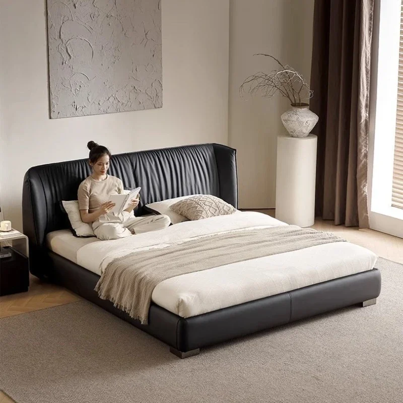 

French antique bed first layer cowhide Internet celebrity master bedroom large bed embedded black leather double bed