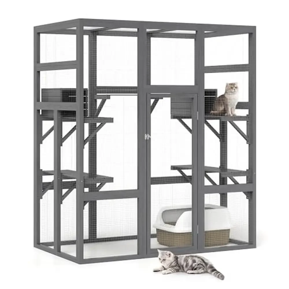 Large Wood Catio Outdoor Cat Enclosure with Perches and Condos Waterproof Roof Multi-Platform Activity Cat House Sturdy and