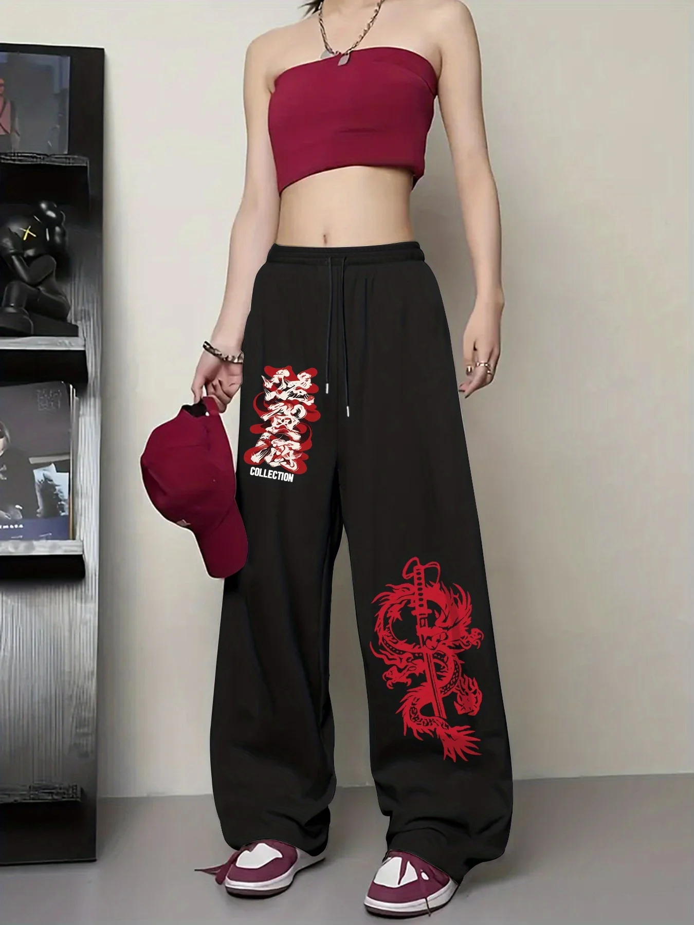 Women's Dragon Print Fleece Sweatpants for Autumn and Winter Warm Casual Loose Stylish and Versatile Streetwear Trendy