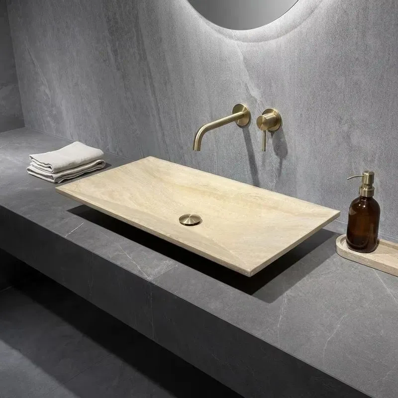 Beige Natural Stone Sink Tapered Light Large Countertop Basin Suitable for Guest Bathroom Projects