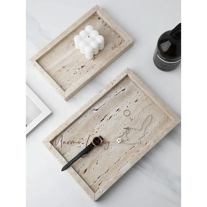 

Minimalism Marble Tray for Perfume Candles Jewelry Travertine Stone Vanity Tray for Dresser Countertop Coffee Table Serving